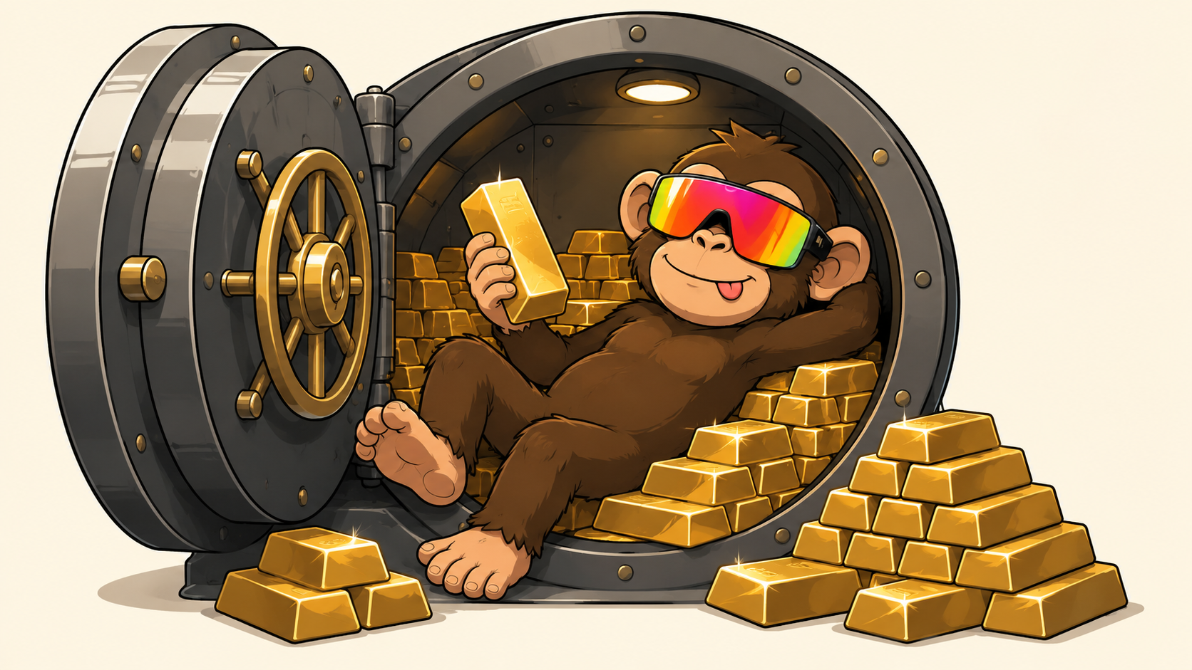 The Real World Ape lounging in an open vault with gold bars