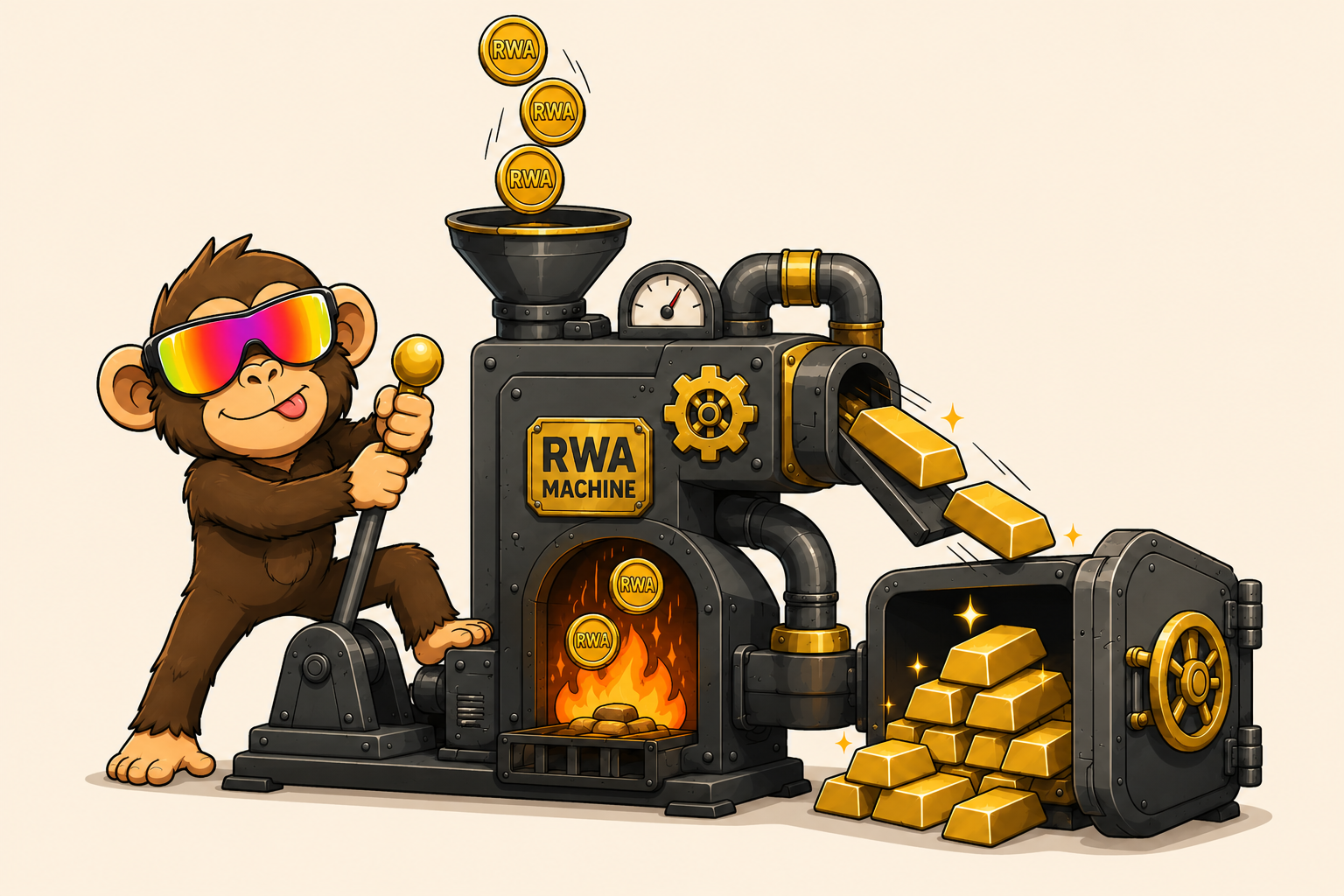 The Real World Ape operating a machine that turns RWA activity into a gold hoard